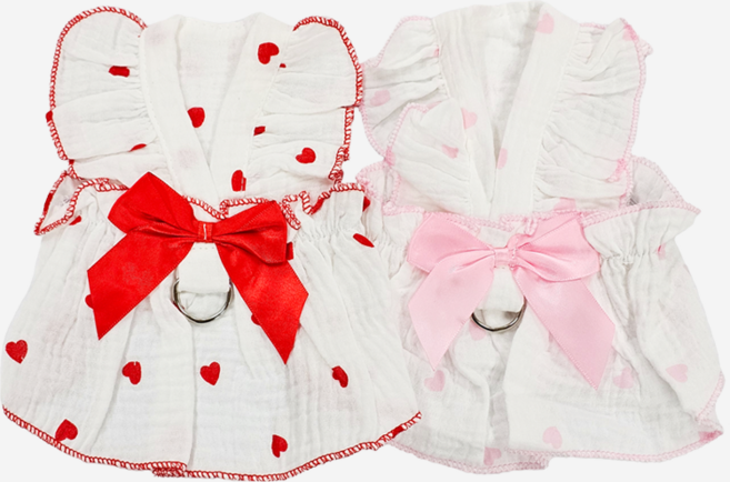 하트프릴 원피스 애견의류 강아지옷 강아지 D링 하네스 원피스, 1개, 레드