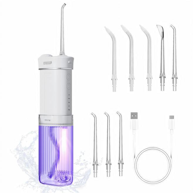 Hooyapik 휴대용 구강세정기 미니구강세정기 치아청소기계 대용량 IPX7 방수 +8개 노즐팁, 화이트, D0040(X3)