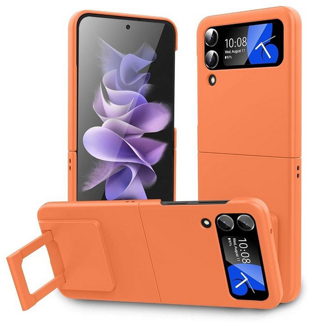 CMYFUTNG 갤럭시 Z 플립 3 5G 케이스 스탠드 포함 군용 등급 보호 케이스 경량 슬림 핏 낙하 보호 견고한 충격 방지 커버 삼성 갤럭시 Z 플립 3 5G 라이, 오렌지+킥스탠드
