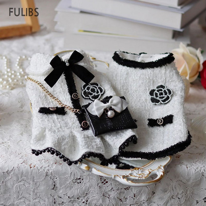 FULIBS 명품 강아지옷 원피스/조끼 트위드 기모 애견 커플옷, 흑백, 1개