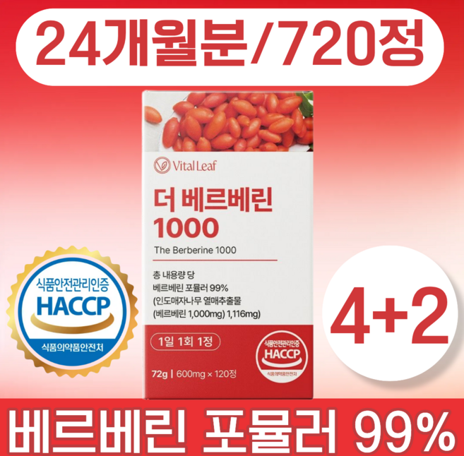 VitalLeaf 베르베린 1000 식약청인증 제조시설 HACCP, 6박스, 120정