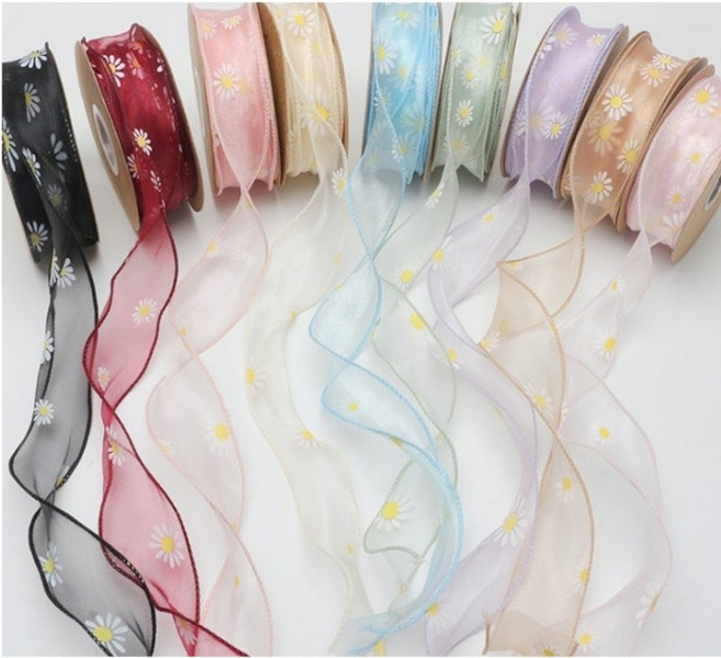 [사러왕]오간자 쉬폰 데이지 포장리본 선물포장 리본공예 롤끈 생일 선물 꽃다발 답례품 리본끈, 1개, 포장리본 데이지올리브