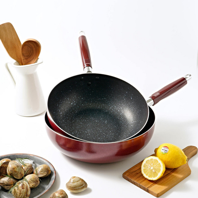 업소용 튀김팬 가벼운 마블 코팅팬 알루미늄 식당 음식점 20cm 22cm 24cm 26cm 28cm 30cm 32cm, 1개