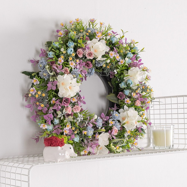 수국 조화 꽃 리스 벽장식 블루밍 42cm 인테리어 벽걸이 현관 문 꾸미기 소품, 블루밍리스