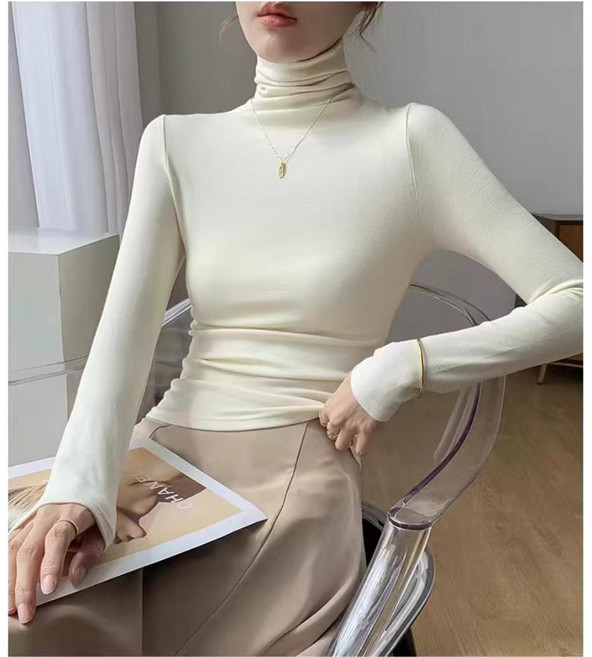 미셀즈픽 여성 하이넥 호근한 슬림핏 데일리 목폴라 긴팔 티