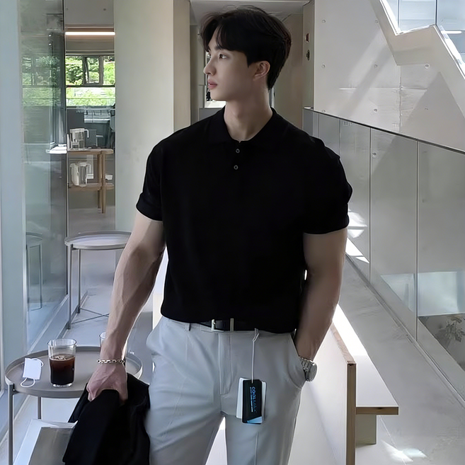 ANYOU 남성 여름 반팔 티셔츠 코튼 슬림핏 베이직 무지 티셔츠