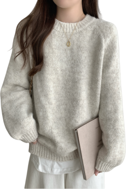 Makone 여성 가을 겨울 라운드넥 루즈핏 니트 티 솔리드 캐주얼 스웨터