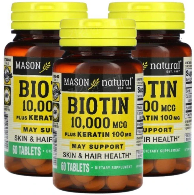 메이슨내추럴 비오틴 바이오틴 플러스 케라틴 10000mcg 60정 x3통, 3개 - 쿠팡