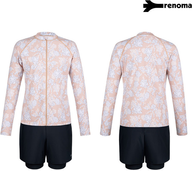 레노마수영복 여성 모노 플라워 래쉬가드 세트, 베이지