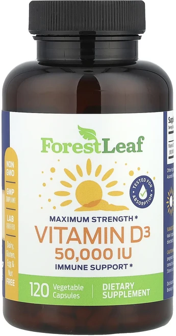 Forest Leaf 최대 강도 비타민D3 1250mcg(50000IU) 베지 캡슐 120정, ForestLeaf최대강도비타민D31250mcg5000, 1개 - 쿠팡