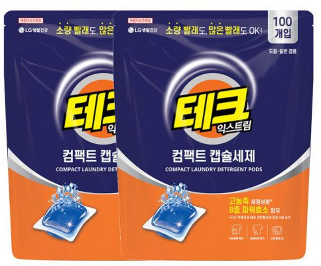(캡슐세제)테크 익스트림 컴팩트 캡슐세제 1챔버, 100개입, 2개