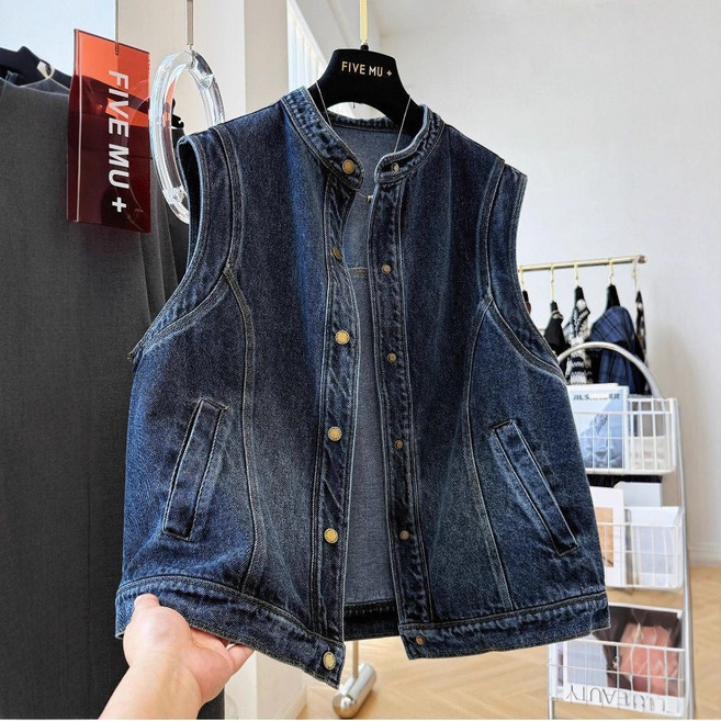 復古小立領牛仔馬甲女無袖外套