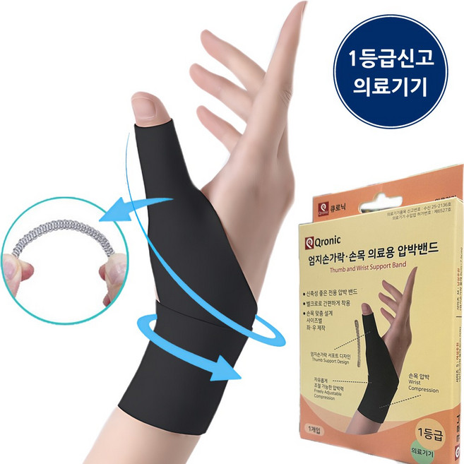 1등급신고 의료용 큐로닉 초박형 엄지손가락 손목보호대 건초염 터널증후군 얇은 데일리 스프링 압박밴드, 1개