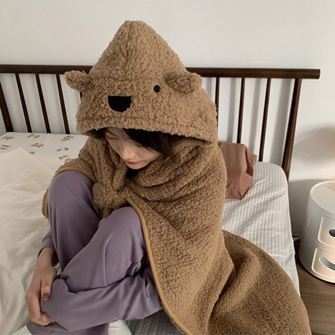 학교 캠핑 보들보들 포근한 곰돌이 뽀글이 후드 집중력향상 담요 망토담요 3컬러