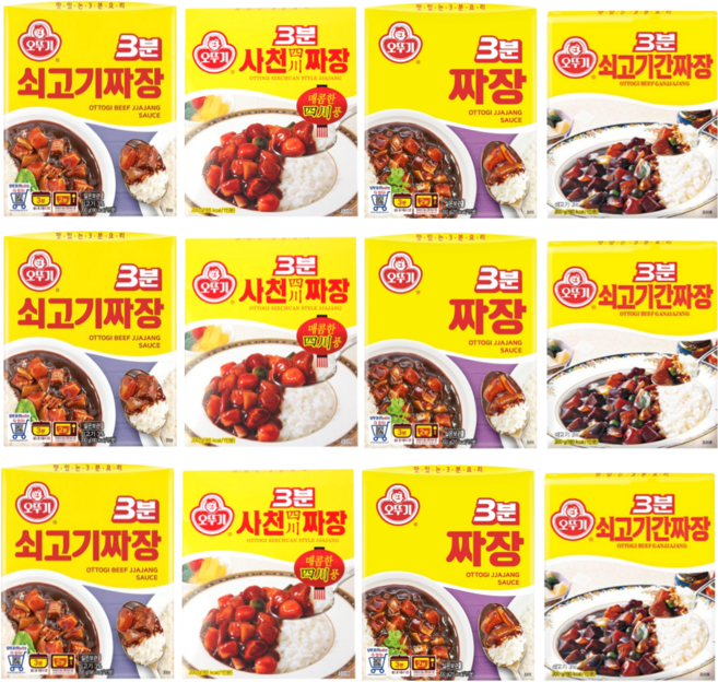 오뚜기 3분 짜장 모음 4종 / 짜장 200g 3개 쇠고기짜장 200g 3개 쇠고기간짜장 200g 3개 사천짜장 200g 3개, 12개