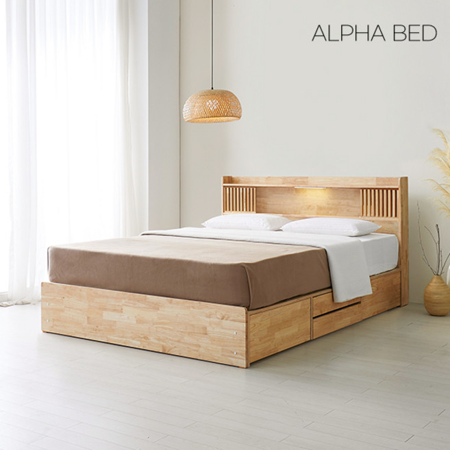 알파침대 몬드 LED 원목 2단 수납침대+애쉬드 양면 필로우탑 독립스프링, 내추럴