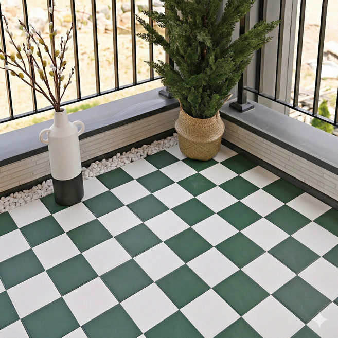 연필트리 30cm 체크 조립식 데크타일 바닥재 베란다 현관 마루 바닥, 그린/화이트, 40개