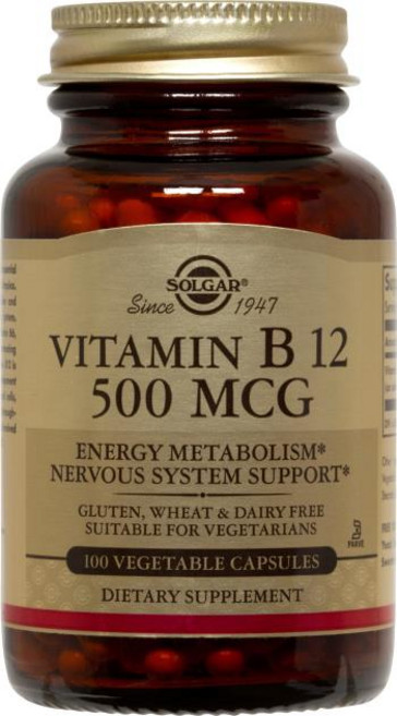 SOLGAR 無糖無麩質維他命B12素食膠囊 500mcg, 100顆, 1罐