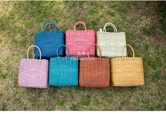 초록샘 라탄 다이아몬드 빨대가방 빨대바구니 스트롱바구니 대중 8종, 브라운, L, 1개