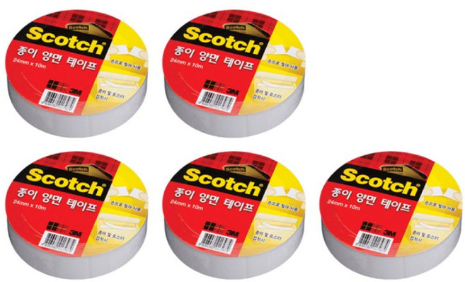 3M 스카치 종이양면테이프 24mm x 10M / 3M종이양면테이프 손으로찢어쓰는테이프 3M양면테이프 손으로찢는테이프 얇은양면테이프 양면종이테이프, 5개