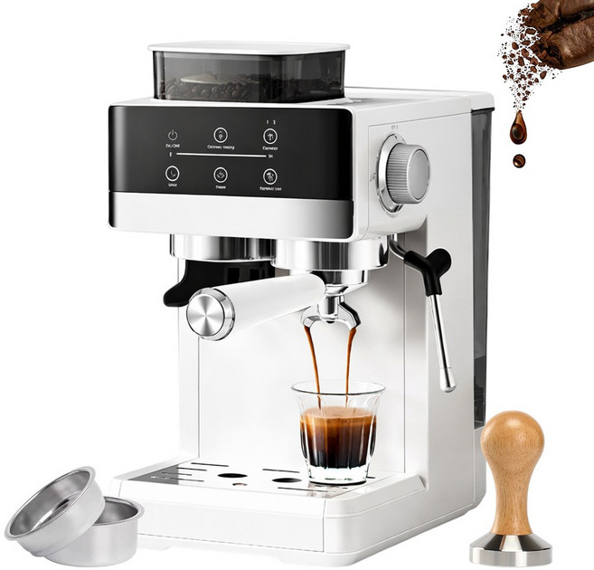 전자동 커피머신 원두 그라인더 내장 에스프레소 머신 20bar 고압 추출 20단계 분쇄 스팀 우유거품 홈카페 커피메이커, 아이보리, 03115520