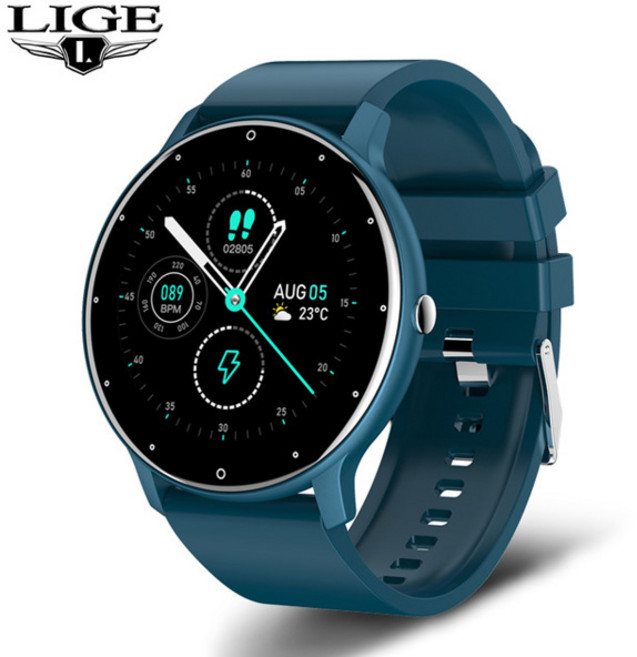 LIGE 스마트 시계 남성 여성 전체 터치 스크린 스포츠 피트니스 시계 남자 IP67 방수 블루투스 안드로이드 IOS Smartwatch 남성용, [03] Blue, 1개
