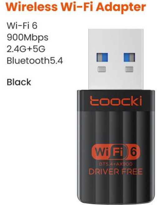투키 900Mbps USB WiFi 6 어댑터 2.4G/5G 듀얼 밴드 블루투스 5.4 카드 드라이브 무료 무선 네트 외장 수신기 (노트북용)