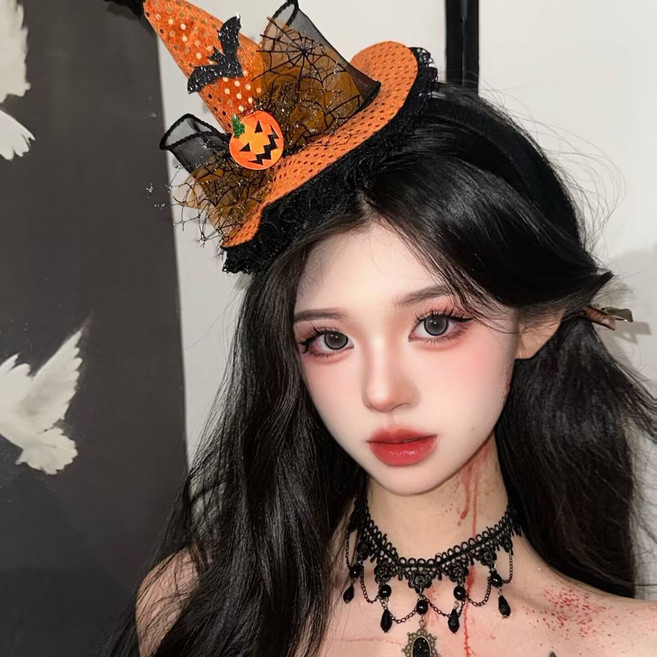 해피유통 여성 성인 할로윈 레이스 헤드드레스 눈가리개 고딕 코스튬 LWJ, 호박 박쥐 오렌지 모자 머리띠