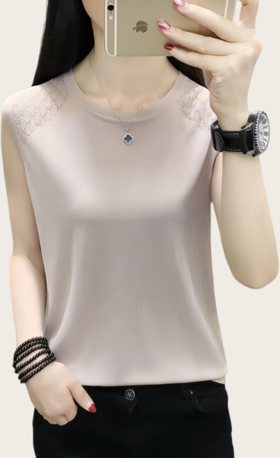 Makone 여성 라운드넥 솔리드 슬리브리스 쿨 편안한 니트 심플 루즈핏 민소매 니트 티셔츠 어께 자카드