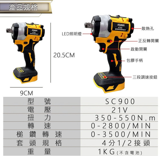 ASAHI SC900 無刷電動扳手起子機兩用, 1個, SC900 牧田款 空機