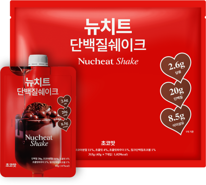 뉴치트 단백질 쉐이크 파우치 초코맛, 45g, 7개