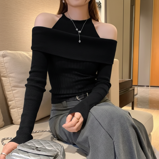 Firina 여성 오프숄더 홀터넥 골지 니트티 슬림핏 긴팔 데일리 레이어드 가을 겨울 이너 톱