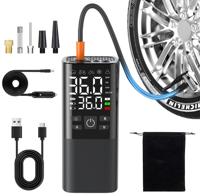 RUNHome 휴대용 무선 타이어 공기압 주입기 차량 자전거 오토바이 다용도 고압 빠른 주입 6000mAh, 블랙, 1개