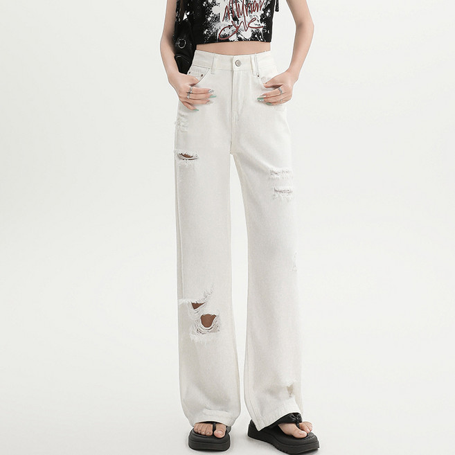 SAHINER 여성 찢어진 데님 팬츠 하이웨스트 와이드 캐주얼 봄여름