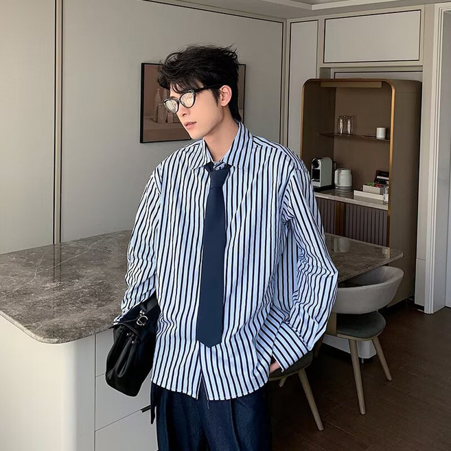 春秋季新款學院風時尚內搭條紋襯衫男寬鬆早秋百搭長袖襯衣男上衣