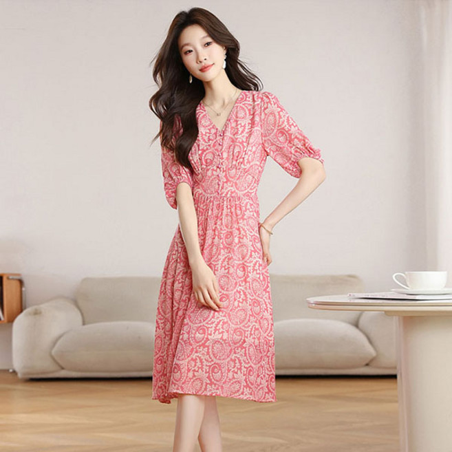 루씨앤 미라클 쉬폰 88까지 벌룬 반팔 슬림 빈티지 패턴 플레어 미디 여성원피스 8627