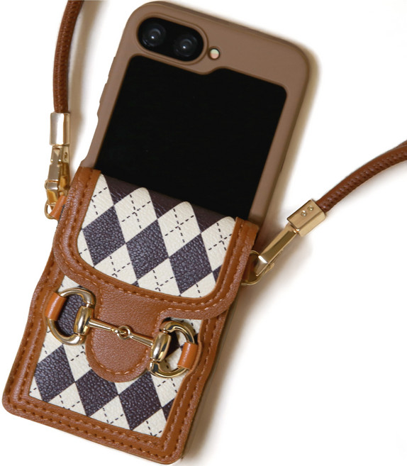 그린나무(GRNM) 레트로 아가일 체크 패턴 카드 지갑 미니백 Z플립 크로스 폰 케이스 [가죽 스트랩 2종 포함]