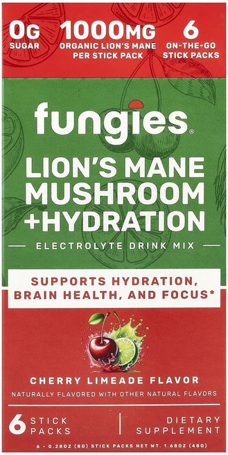효과가 좋은 Fungies 노루궁뎅이버섯 + 수분 보충 전해질 드링크 믹스 체리 라임에이드 스틱팩 6개 개당 8g(0.28oz) 최저가격, Fungies노루궁뎅이버섯수분보충전해질드링크믹스체리라임, 8g - 쿠팡