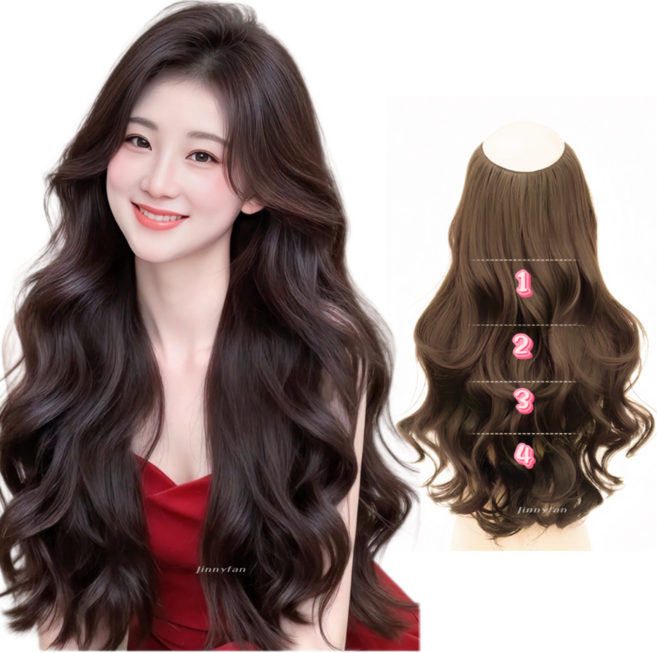 지니판 수많은 S컬 C컬 로 더욱 풍성한 컬감 머리숱 추가한 일체형 붙임머리, 1개, 라이트브라운