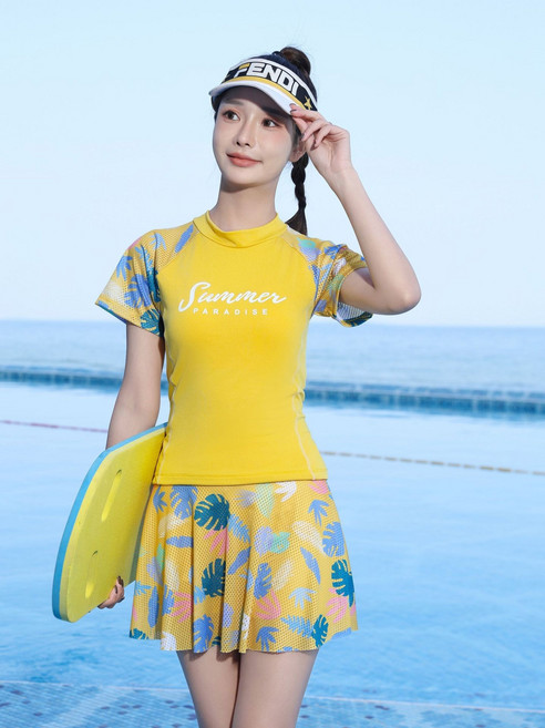 運動風泳衣女保守分體 新款小清新遮肉顯瘦泡溫泉女士游泳衣女, 均碼 90 到120