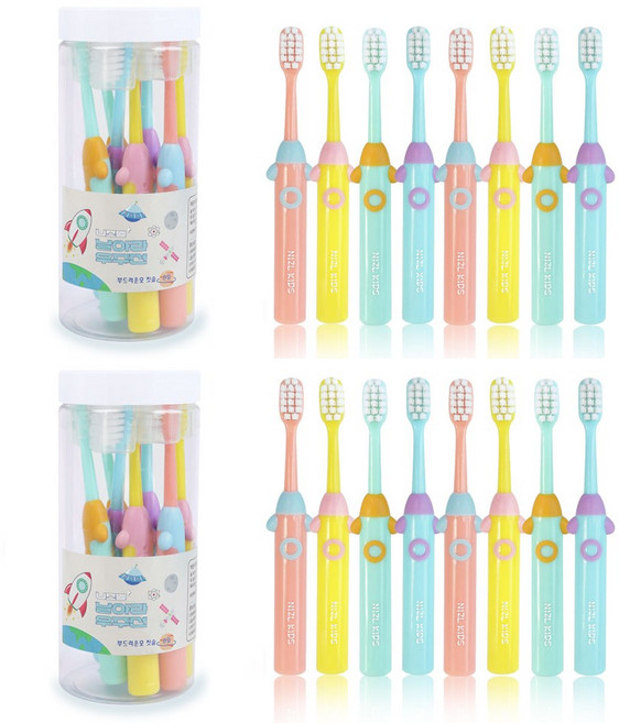 니즈엘 어린이 칫솔 미세모 8개 세트 논슬립 3세부터 초등학교 저학년 어린이집 입학 준비물 단체 선물, 블루+피치+민트+옐로우, 2세트, 8개입