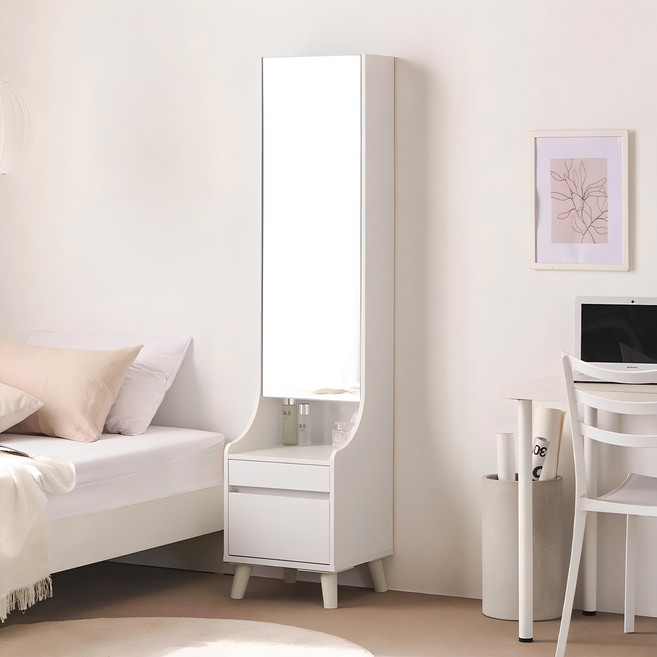 바로방가구 데이지 슬림 틈새 전신거울화장대 좌식 입식 수납 화장대, 화이트