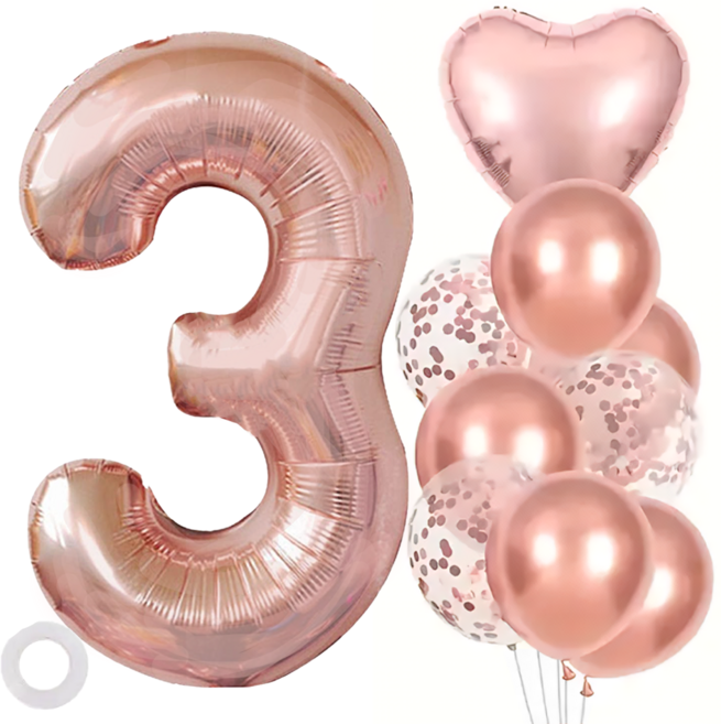 파파 파티 로즈골드 콘페티 하트 대형 숫자 풍선 세트, 1개, 3
