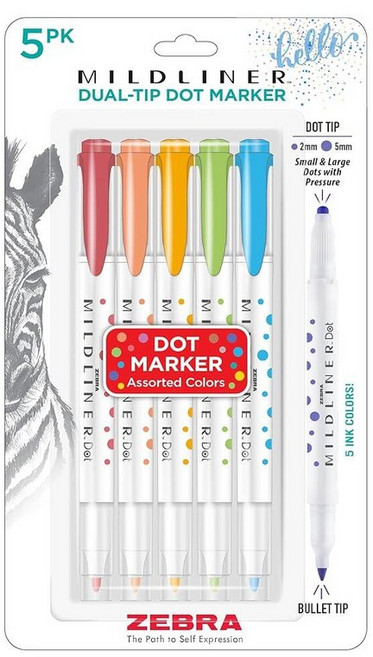 Zebra Pen Mildliner 듀얼 팁 도트 스탬프 마커 수성 안료 잉크 작고 큰 글머리 기호 및 점 만들기 5가지 다양한 색상 저널 불렛 목록에 이상적 5팩(7, 모듬 5개