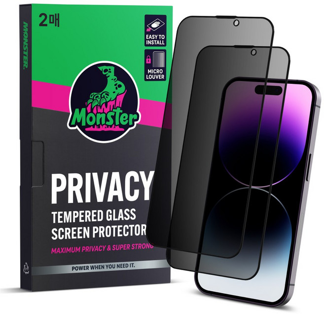 몬스터 사생활보호 슈퍼강력 강화유리 휴대폰 액정보호필름 2매 + 똥손탈출 부착틀, 1세트