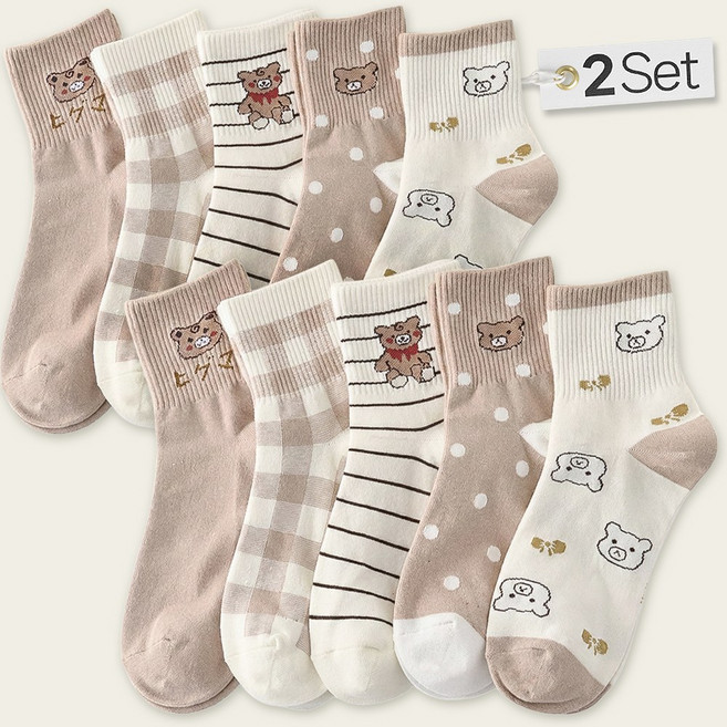 쿠밍 여성용 패션 러블리 데일리 코디 중목 양말 10켤레 세트