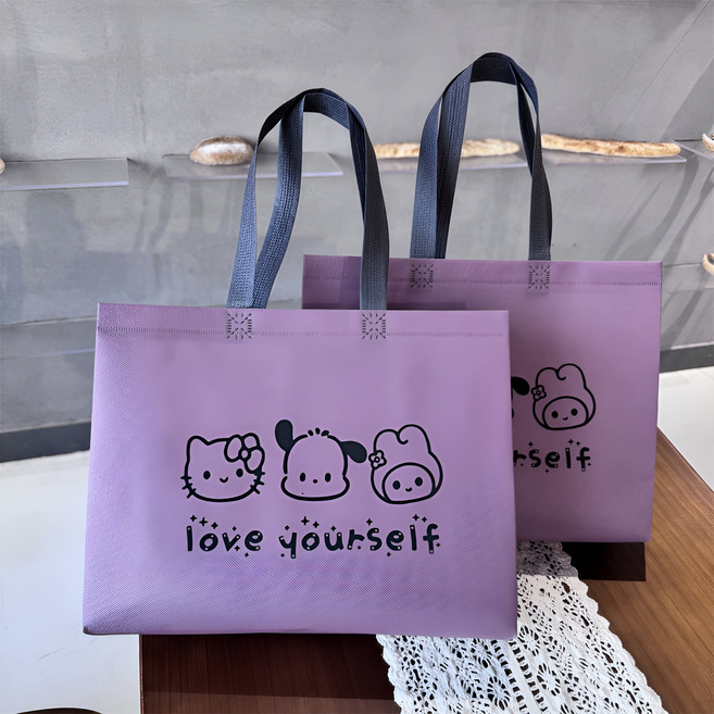 리유저블 방수 부직포 쇼핑백 큐티 KT 캣 부직포 쇼핑백, 자주색35*27*10CM, 10개