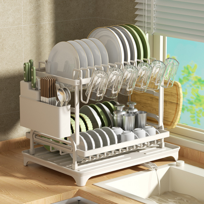 주방 싱크대 선반 받침대 포함 물빠짐 식기건조대, 1개, 화이트, 2단
