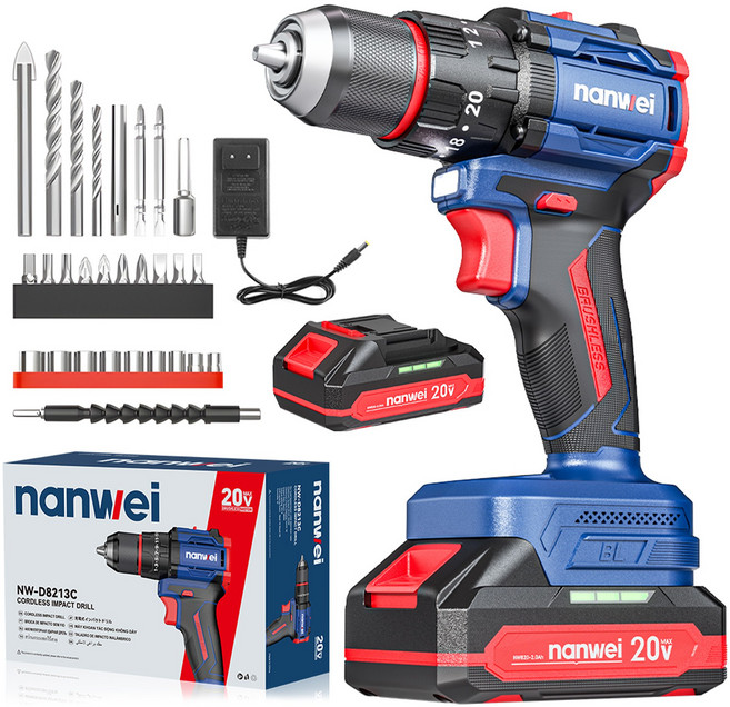 [국내발송] NANWEI 브러시리스 충전식 전동 드릴 무선 전동 드라이버 임팩트 20V 배터리 2개 공구 풀세트, 1세트
