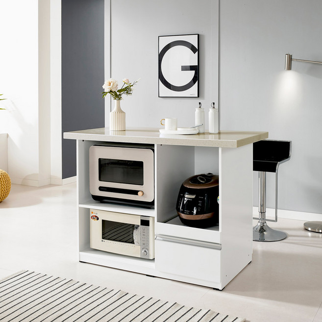 인조대리석 오브제 광파오븐 수납 홈바 아일랜드식탁 테이블, 스톤브라운, 화이트, 화이트